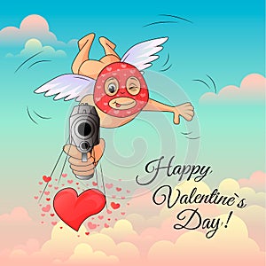 Cupid in mask aims gun at frame. Valentine`s day.