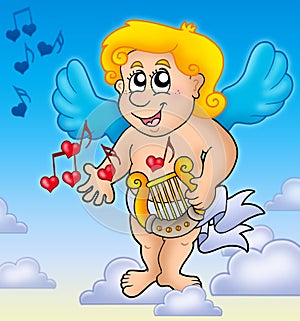 Cupid playing harp on sky