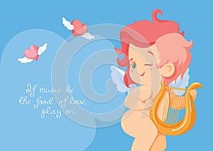 Cupid playing love song music on harp.