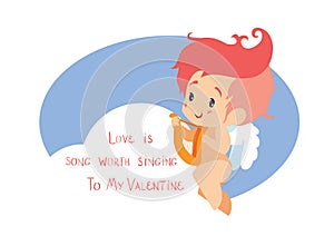 Cupid playing love song music on harp. Handwritten fun quotation