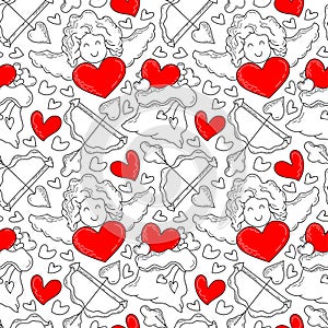 Cupid with a red heart. Hand drawn vector seamless pattern. Illustration for fabric, paper, background for Valentine`s Day.