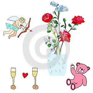 Cupid, roses, pink teddy bear and champagne