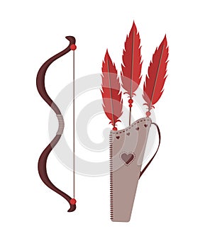 Cupid's arrows, bow and quiver. Valentines weapon isolated on white background. Cute festive elements of 14 february