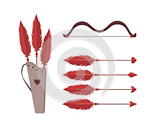 Cupid`s arrows and bow. Valentines weapon isolated on white background. Cute festive elements of 14 february. Vector