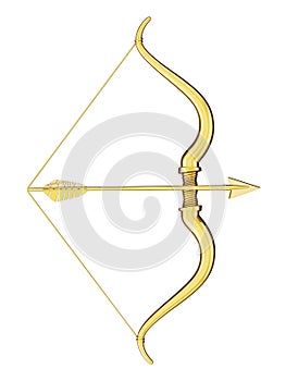 Cupid`s bow and arrow with heart shape. 3D illustration