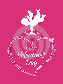 Cupid silhouette with bow and arrow heart on pink background. Valentines Day design. White flying Angel. Amur. Heart