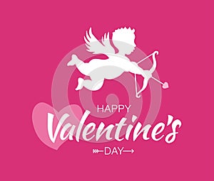Cupid silhouette with bow and arrow heart on pink background. Valentines Day design. White flying Angel. Amur. Heart