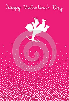 Cupid silhouette with bow and arrow heart on pink background. Valentines Day design. White flying Angel. Amur. Hearts