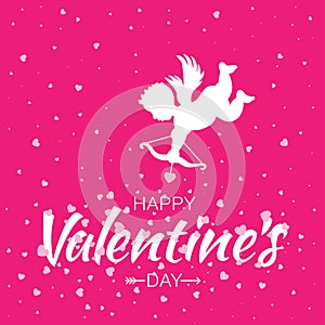 Cupid silhouette with bow and arrow heart on pink background. Valentines Day design. White flying Angel. Amur. Hearts