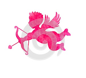 Cupid silhouette with bow and arrow heart. Valentines Day design. Pink watercolor angel. Amur. Vector illustration.