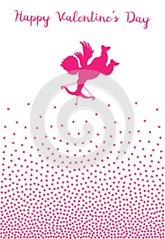 Cupid silhouette with bow and arrow heart on white background. Valentines Day design. Pink flying Angel. Amur. Vector