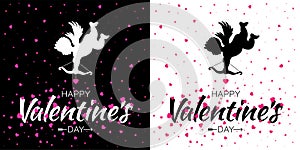 Cupid silhouette with bow and arrow and pink hearts. Valentines Day card. Amur symbol of love. Valentine banner. Vector