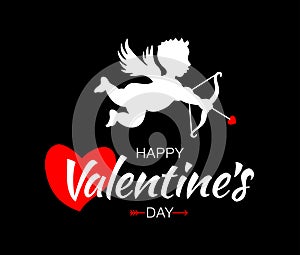 Cupid silhouette with bow and arrow red heart on black background. Valentines Day design. White flying Angel. Amur.