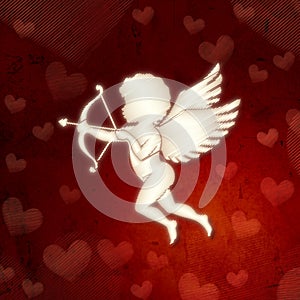 Cupid silhouette with hearts over red old paper