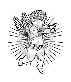 Cupid with Slingshot. Vector Illustration. Valentine s Day.