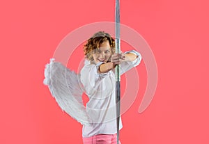 Cupid in valentines day. Female angel in white wings shooting with bow and arrow. Arrows of love.