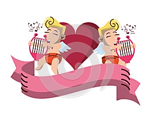 Cupids with harps and blank ribbon banner