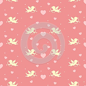 cupids and hearts seamless Valentines Day vector pattern on pink background