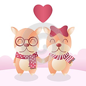 Cuple Dogs in winter scarf with heart. New Year, Merry Christmas, Anniversary, Birthday, and Valentine concept