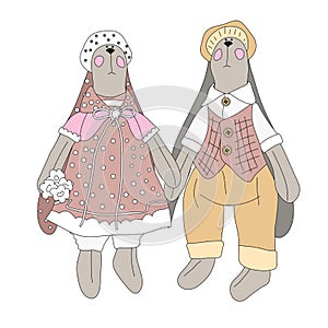 A cuple of lovelorn cute serious bunnies in vintage style