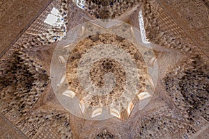 Cupola of the Hall of the Two Sisters (Sala de Dos Hermanas) at Nasrid Palaces (Palacios Nazaries) at Alhambra in Granada, Spa