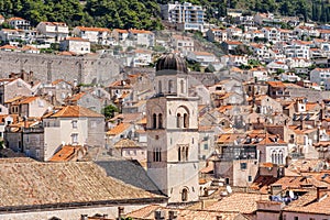 Cupola tower above red brick in Dubrovnik old town in Croatia summer morning