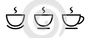 Cuppa. Set of black icons of tea or coffee cups. Hot drink with steam. Vector clipart isolated on white background.