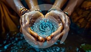 Cupped Hands Collecting Water Droplet - Symbol of Clean Water and Sustainability