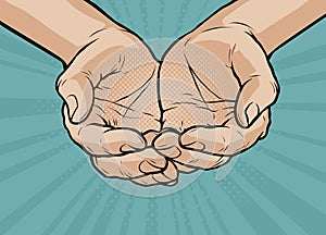 Cupped hands, folded arms. Pop art retro comic style. Cartoon vector photo