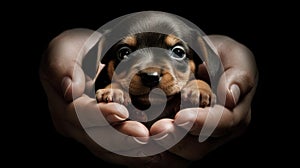 cupped hands holding a tiny black and brown puppy