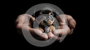 cupped hands holding a tiny black and brown puppy