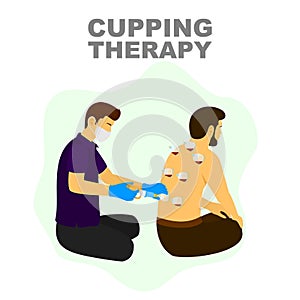 Cupping therapy alternative medicine treatment, therapist puts a cup on skin illustration. photo