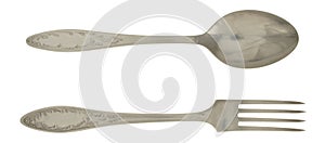 Cupronickel tablespoon and fork isolated on white background.