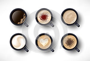 Cups of coffee assortment set. Black coffee, cappuccino, espresso, latte, macchiatto, mocha, cocoa top view. Easy to