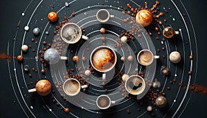 Cups and with coffee and coffee beens- the solar system