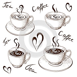 Cups of coffee or tea with saucer and lettering isolated on white. coffee love hand drawn sketch. Engraved illustration of coffee