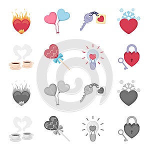 Cups with coffee, valentine, lamp, lock with key. Romantic set collection icons in cartoon,monochrome style vector