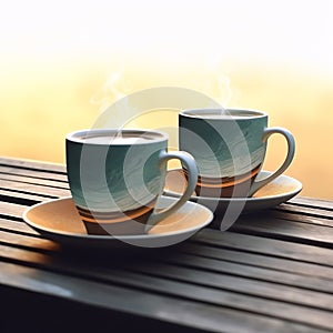 cups of coffee on wood table