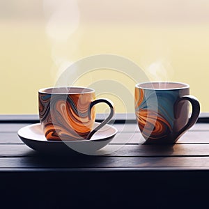 cups of coffee on wood table