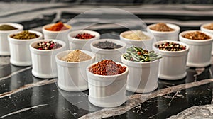 cups with different kinds of spices. Different seasonings in cups. Spice background on the table