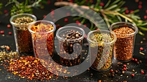 cups with different kinds of spices. Different seasonings in cups. Spice background on the table