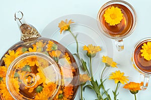 Cups of herbal tea and transparent teapot with calendula flowers on blue background. Calendula Tea Benefits Your Health concept.