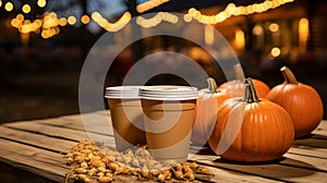 Cups of hot apple cider, hot chocolate or coffee at an outdoor fall decorated party