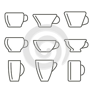 Cups linear icons. Set of differently shaped cups. Dishes for tea and coffee.