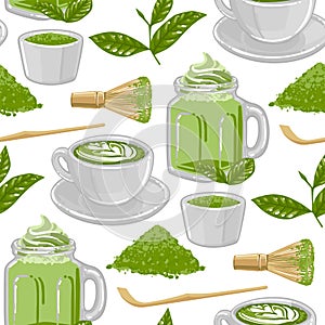 Cups of match tea and coffee surrounded by green powder, whisk, wooden stick and leaves.