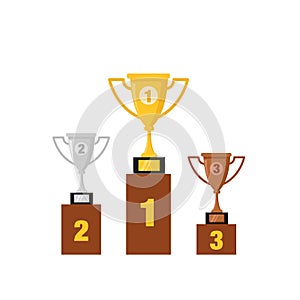 Cups medals reward on pedestal composition with winners podium