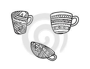 Cups, oriental style art, hand drawn sketch with zentangle elements. Mugs vector illustration