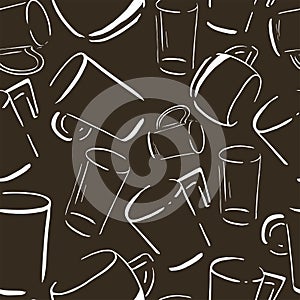 Cups pattern, seamless vector background hand drawn sketch of coffee and tea cups, white doodle on brown background