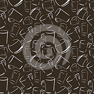 Cups pattern, seamless vector background hand drawn sketch of coffee and tea cups, white doodle on brown background