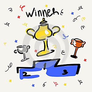 Cups on the pedestal. Gold, silver, bronze. Business and sports victories. Vector illustration in the style of sketch or